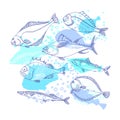 Sea fish. Marine vector background. Doodle design Royalty Free Stock Photo