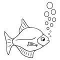 Sea fish releases bubbles. Sketch. Vector illustration. Outline on a white isolated background.