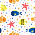 Sea fish and starfish. Cute cartoon sea animals. Seamless pattern for printing on fabric, paper. Royalty Free Stock Photo