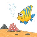 Sea fish swimming and blowing bubbles. Cartoon Coral fish isolated on sea landscape. Marine underwater world with plants on sand