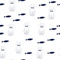 Sea fish swims. The cat in the bow tie is fishing Favorite cat food. Seamless pattern, wallpaper, wrapping paper. White background Royalty Free Stock Photo