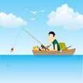 Sea and fisherman in boat goes fishing