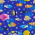 Sea fishes collection on blue water background. Vector seamless pattern. Cartoon aquarium kids textile print design Royalty Free Stock Photo