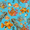 Sea creatures sketch colored seamless pattern Royalty Free Stock Photo