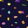 Sea fishes, seamless pattern, endless background design. Exotic tropical marine print. Underwater aquarium species