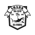 Sea fishing. Emblem template with shark fish. Design element for logo, label, sign, poster. Royalty Free Stock Photo