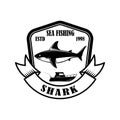 Sea fishing. Emblem template with shark fish. Design element for logo, label, sign, poster. Royalty Free Stock Photo