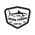 Sea fishing. Emblem template with shark fish. Design element for logo, label, sign, poster. Vector illustration Royalty Free Stock Photo