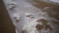 Sea foam being blown by the wind on sandy beach in slow motion. Spume flow pieces on a shore by the ocean waves on windy