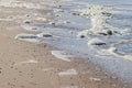 Sea foam, small shells on wet brown sand with calm waves on Camperduin beach Royalty Free Stock Photo