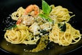 Sea food Basil Spagetthi in black Royalty Free Stock Photo