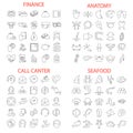 Sea food. Call center service. Banking and finance. Human anatony line icons set