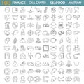 Sea food. Call center service. Banking and finance. Human anatony line icons set