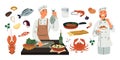 Sea food cooking. Chef cook preparing fish and crabs. Cartoon ocean products. Pasta with seafood. Restaurant meal