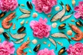 Sea food and flowers background Royalty Free Stock Photo