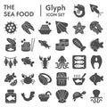 Sea food glyph icon set, ocean symbols collection, vector sketches, logo illustrations, animal signs solid pictograms