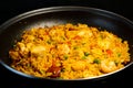 Sea Food Home made Paella Valenciana. Typical Spanish seafood paella in traditional pan. Close-up. Selective focus Royalty Free Stock Photo