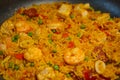 Sea Food Home made Paella Valenciana. Typical Spanish seafood paella in traditional pan. Close-up. Selective focus Royalty Free Stock Photo