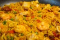 Sea Food Home made Paella Valenciana. Typical Spanish seafood paella in traditional pan. Close-up. Selective focus Royalty Free Stock Photo