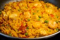 Sea Food Home made Paella Valenciana. Typical Spanish seafood paella in traditional pan. Close-up. Selective focus Royalty Free Stock Photo