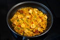 Sea Food Home made Paella Valenciana. Typical Spanish seafood paella in traditional pan. Close-up. Selective focus Royalty Free Stock Photo