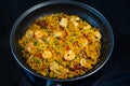 Sea Food Home made Paella Valenciana. Typical Spanish seafood paella in traditional pan. Close-up. Selective focus Royalty Free Stock Photo