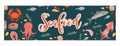 Sea food horizontal banner, flat style. Seafood template for your design. Royalty Free Stock Photo