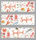 Sea food horizontal banner, flat style. Seafood template for your design. Royalty Free Stock Photo