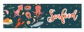 Sea food horizontal banner, flat style. Seafood template for your design. Underwater world, life. Vector illustration. Royalty Free Stock Photo