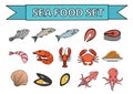 Sea food icons set vector. Modern, line, doodle style. Seafood collection isolated on white background. Fish products