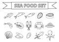 Sea food icons set vector. Modern, line, doodle style. Seafood collection isolated on white background. Fish products