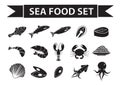 Sea food icons set vector, silhouette, shadow style. Seafood collection isolated on white background. Fish products Royalty Free Stock Photo