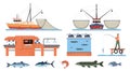 Sea food industry. Sea delicacies extraction process, valuable fish artificial breeding, fishing vessels, farm and