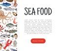 Sea food landing page. Flounder, mussel, mackerel, lobster, oyster, octopus sea products for restaurant menu web banner