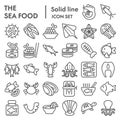 Sea food line icon set, ocean symbols collection, vector sketches, logo illustrations, animal signs linear pictograms