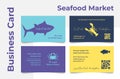 Sea food market business card set vector flat illustration. Seafood promotion company identification