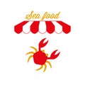 Sea Food Market or Restaurant Sign, Emblem. Red and White Striped Awning Tent. Vector Illustration Royalty Free Stock Photo