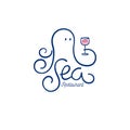 Sea food restaurant logo. Octopus with wineglass. Sea restaurant emblem.