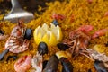 Sea food with rice and lemon mix dish with shrimps and mussels