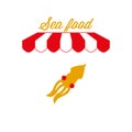 Sea Food Sign, Emblem. Red and White Striped Awning Tent. Vector Illustration Royalty Free Stock Photo