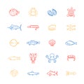 Sea Food Thin Line Color Icon Set. Vector