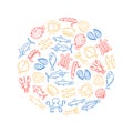 Sea Food Thin Line Round Design Template. Vector