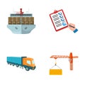 Sea freight, signature of delivery documents, truck, tower crane with a container. Logistics and delivery set collection