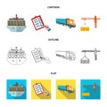 Sea freight, signature of delivery documents, truck, tower crane with a container. Logistics and delivery set collection