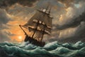 A sea frigate on rough seas under dark clouds