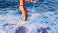 Sea girl legs fins and buttock trying go in water