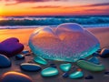 Sea glass heart on beach with colorful stones at sunset Royalty Free Stock Photo