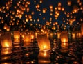 A Sea of Glowing Lanterns: A Stunning Reflection Over Water. Generative Ai