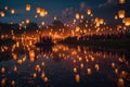 A Sea of Glowing Lanterns: A Stunning Reflection Over Water. Generative Ai