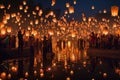 A Sea of Glowing Lanterns: A Stunning Reflection Over Water. Generative Ai